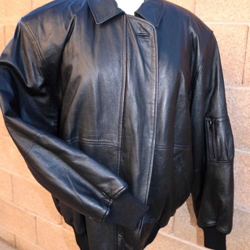 Men's Leather Bomber Jacket Black Insulated XL Y2K